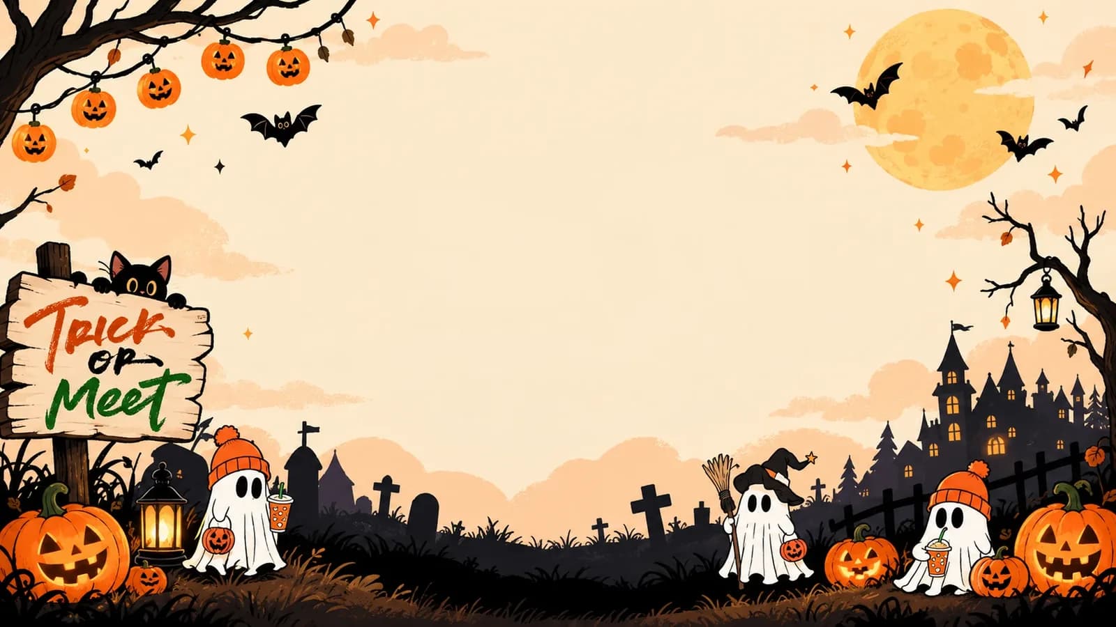 Halloween illustration of ghosts in orange beanies, jack-oโ-lanterns and a Trick or Meet signpost under a full moon